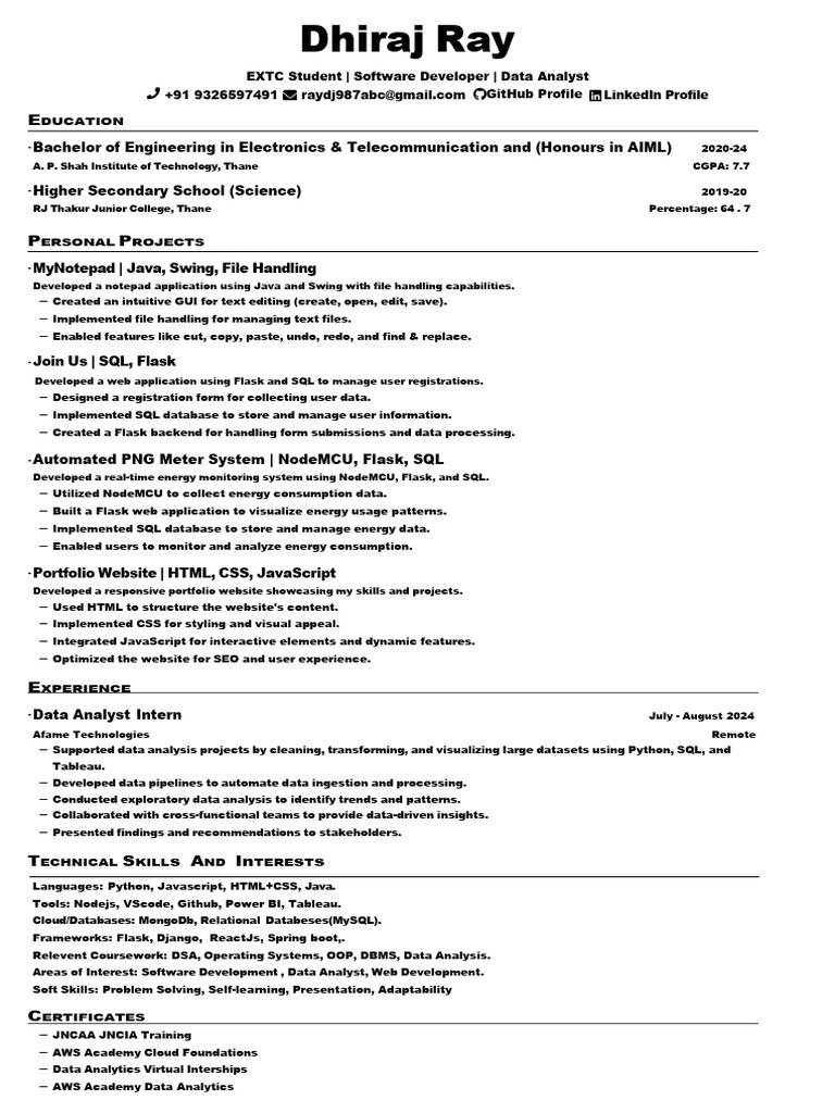Dhiraj Ray: Software Developer & Data Analyst | PDF | Databases | Websites