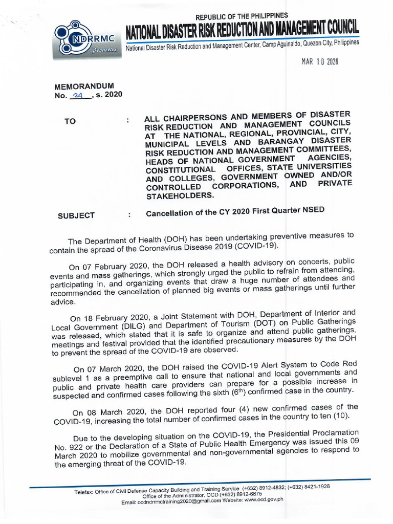 NDRRMC Memo No 24 S 2020 | PDF