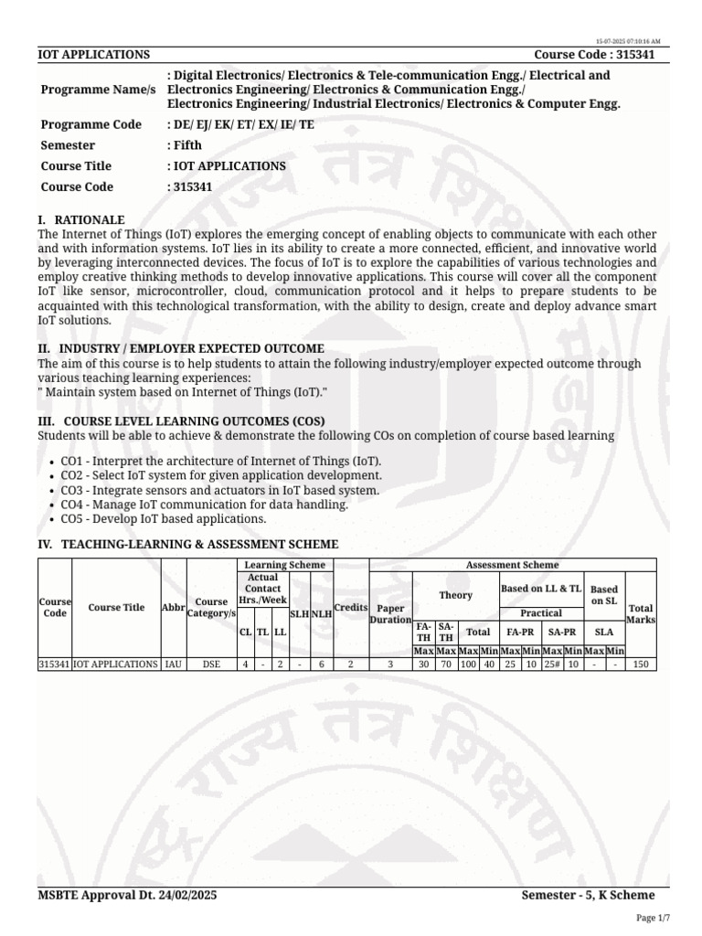 IoT Applications Syllabus - Course 315341 | PDF | Internet Of Things ...