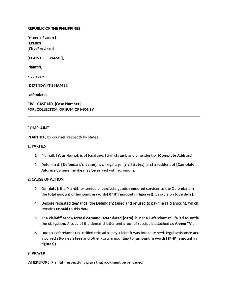 Complaint For Sum of Money | PDF