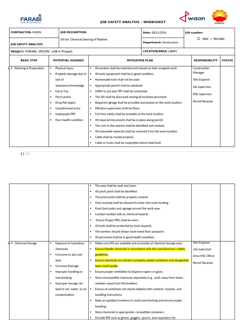 Pipeline Chemical Cleaning Safety JSA | PDF | Personal Protective ...