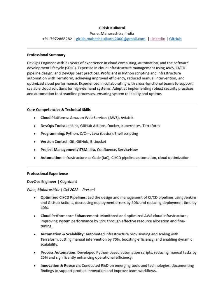 DevOps Engineer Resume - Girish Kulkarni | PDF | Cloud Computing ...