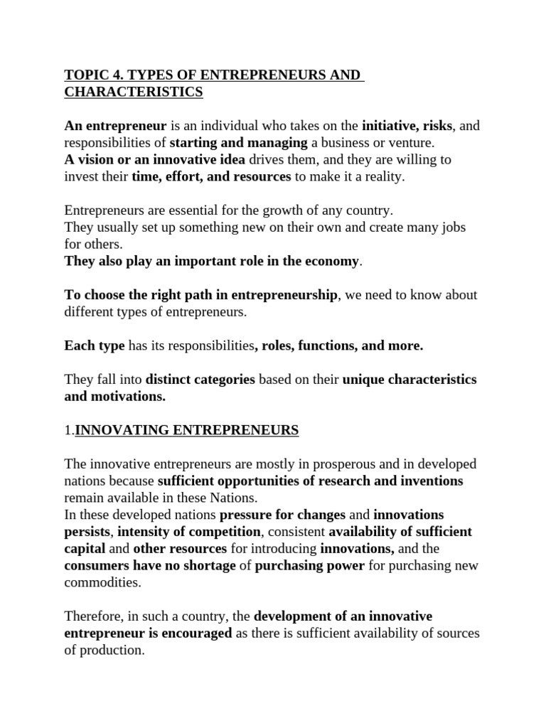 Types and Characteristics of Entrepreneurs | PDF | Entrepreneurship | Risk