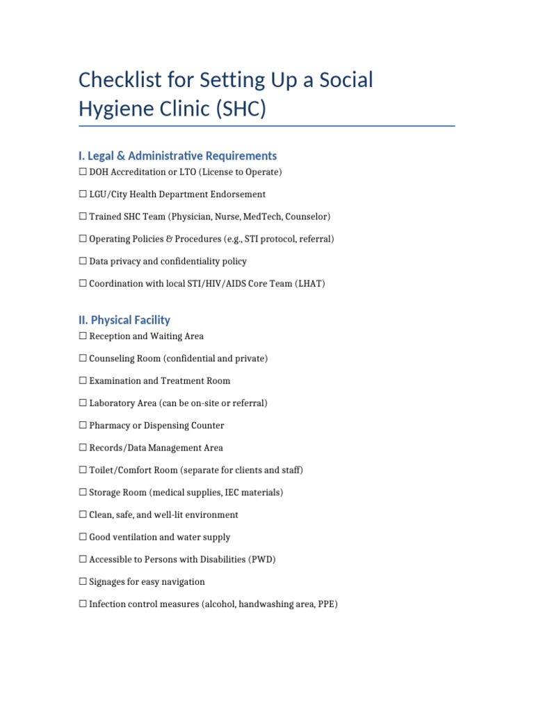 Social Hygiene Clinic Setup Checklist | PDF