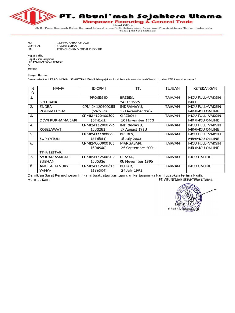 Permohonan Medical Check Up untuk CTKI | PDF