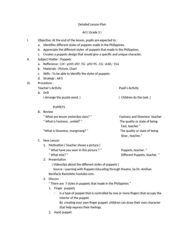 Detailed Lesson Plan IN GRADE 3 | PDF | Puppets | Puppetry