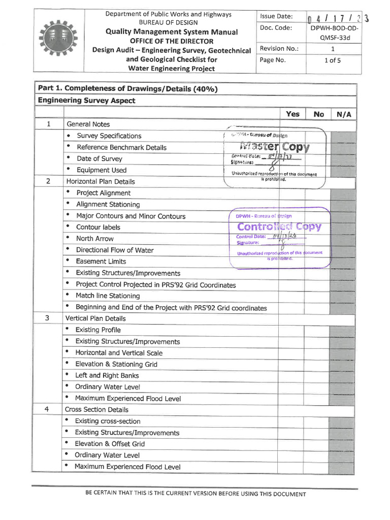Checklist - Design - Water Engineering - Surveys | PDF