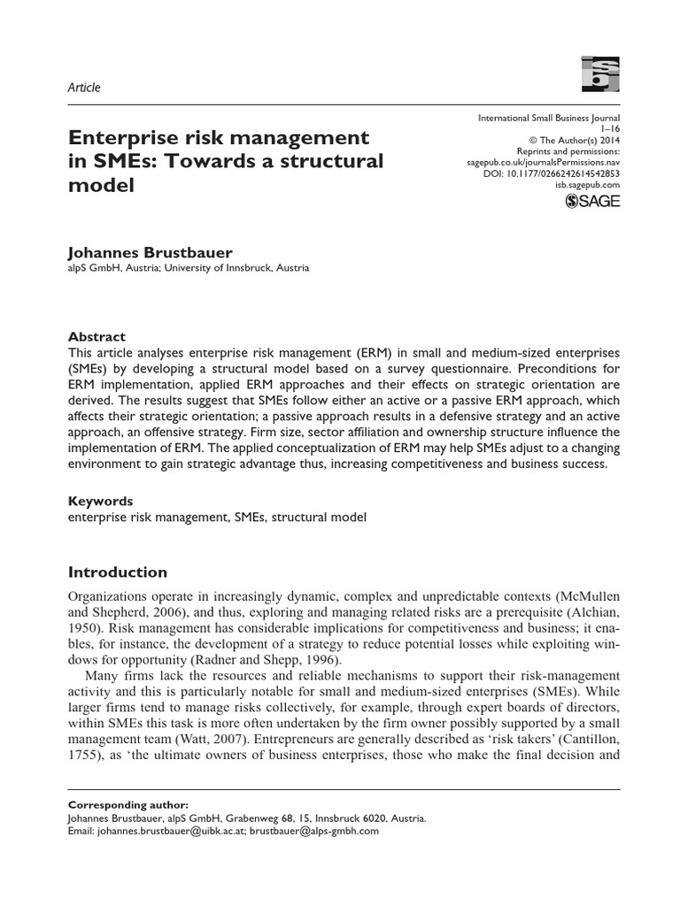Enterprise Risk Management in SMEs | PDF | Risk Management | Risk
