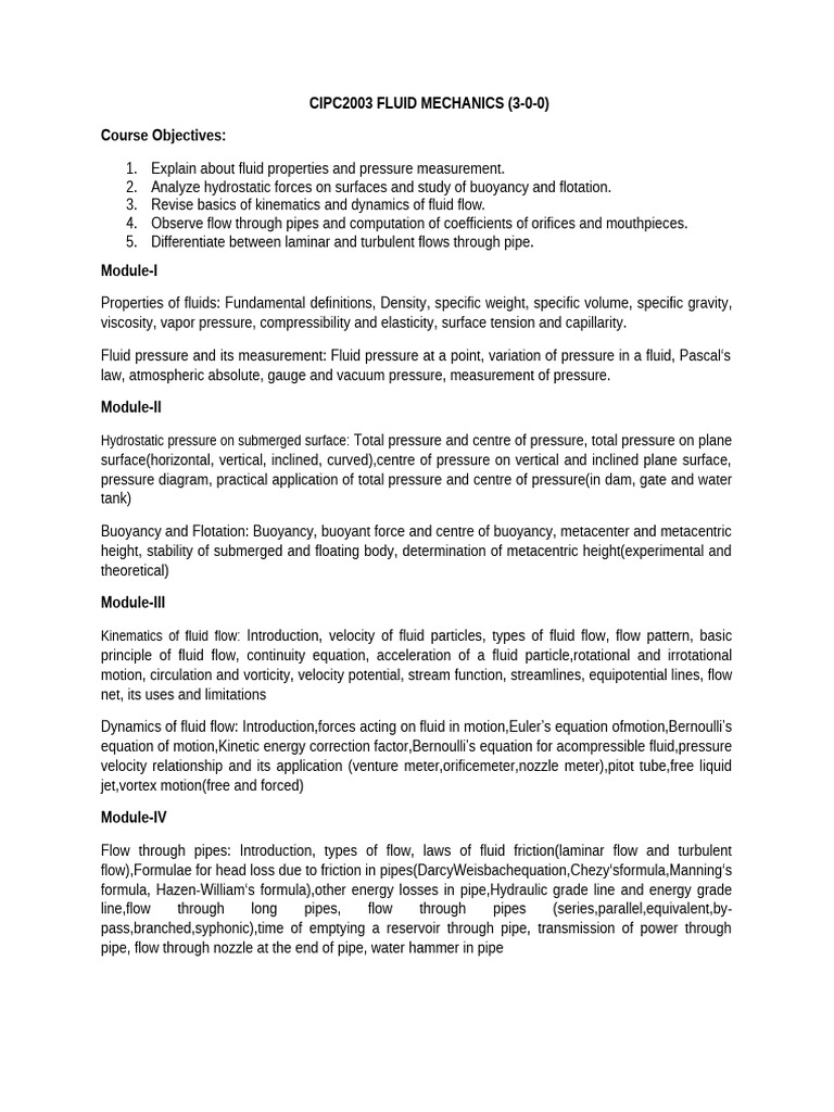 Fluid Mechanics Course Overview | PDF | Pressure | Buoyancy
