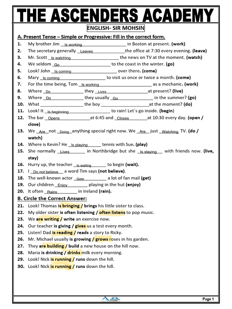 Present Tense Exercises for English Learners | PDF
