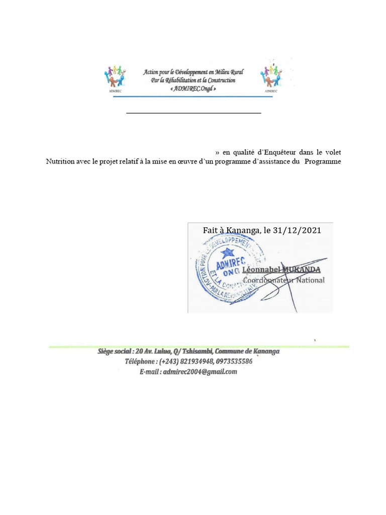 Attestation de service rendu - Jean Marie LUBULA | PDF