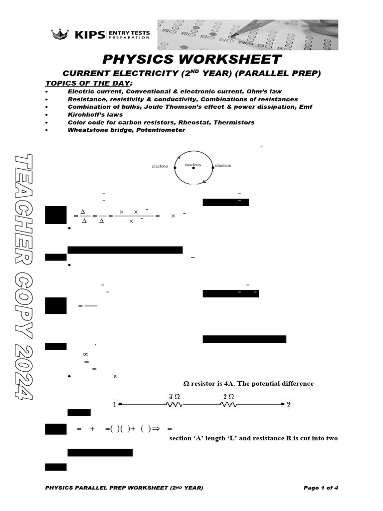 03 Current Electricity Work Sheet Final Pdf Electric Current