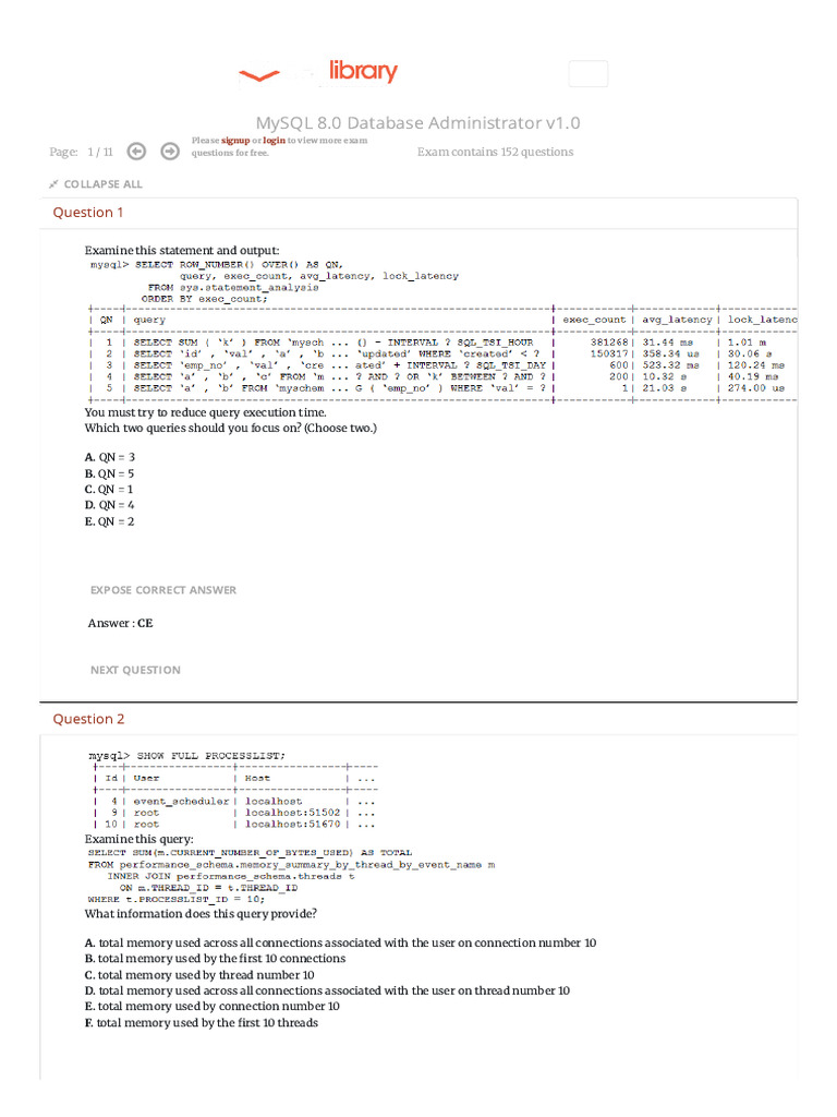 1z0-908 MySQL DBA Exam Questions | PDF | My Sql | Databases