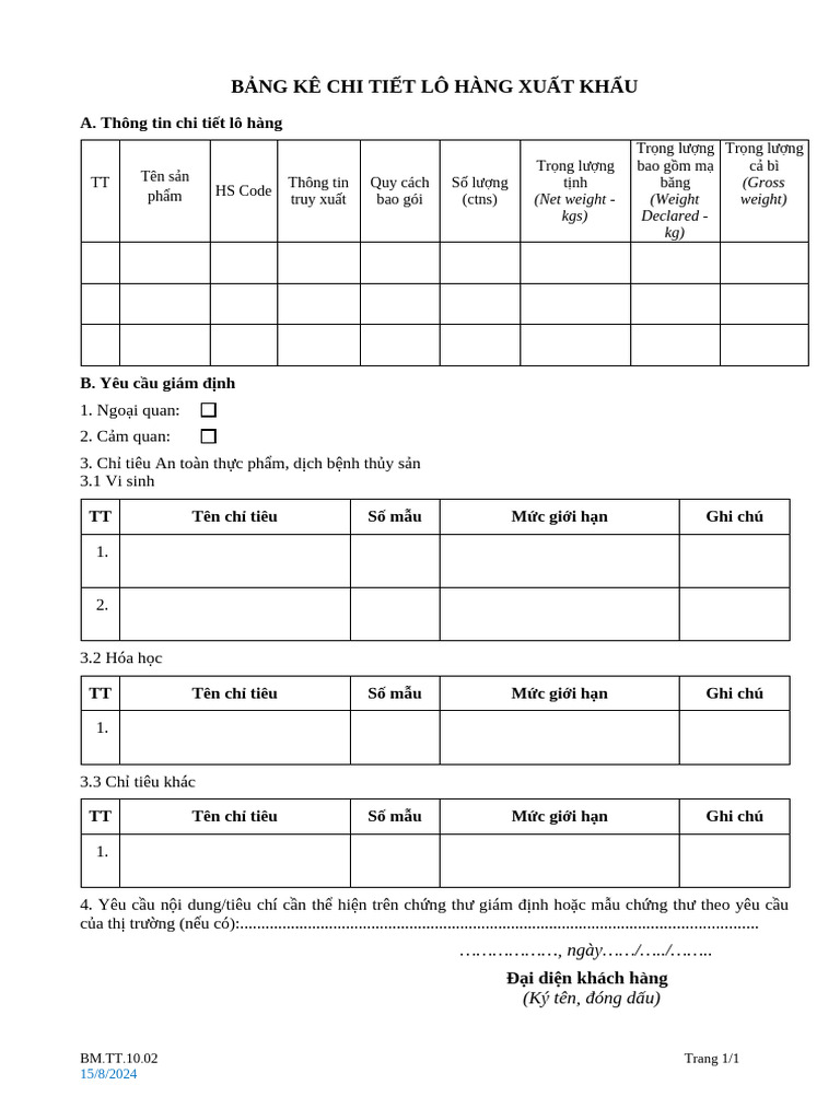 BM - tt.10.02 - Bang Ke Chi Tiet Lo Hang Xuat Khau (BH5 15-8-2024) | PDF