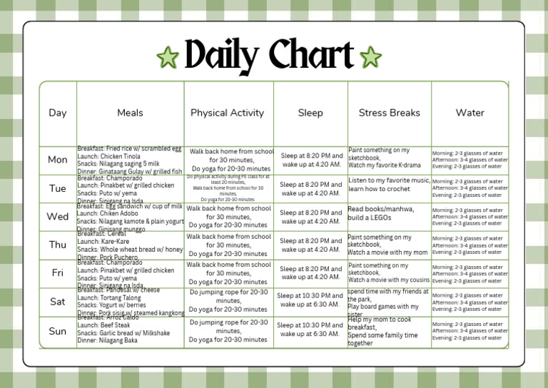 Daily Routine Chart Worksheet in Green and White Ilustrative Style ...