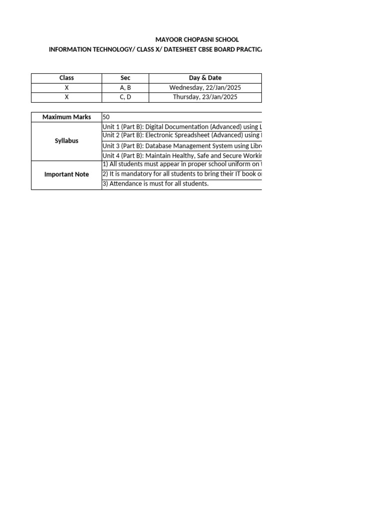 CBSE Class X IT Practical Exam Datesheet | PDF