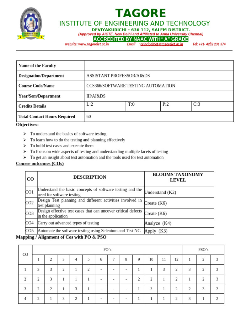 Software Testing Automation Course Plan | PDF | Software Testing ...