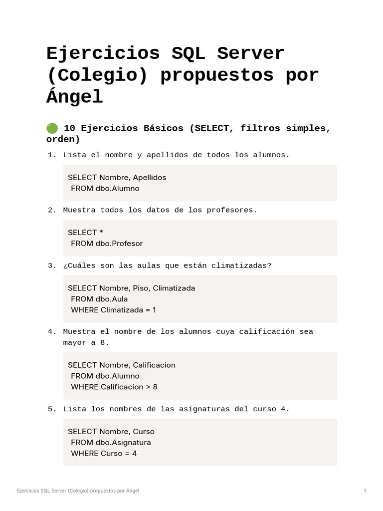 Ejercicios SQL Server para Educación | PDF | SQL | Bases de datos