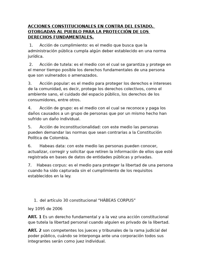 Acciones Constitucionales en Colombia | PDF | Habeas corpus | Judicaturas