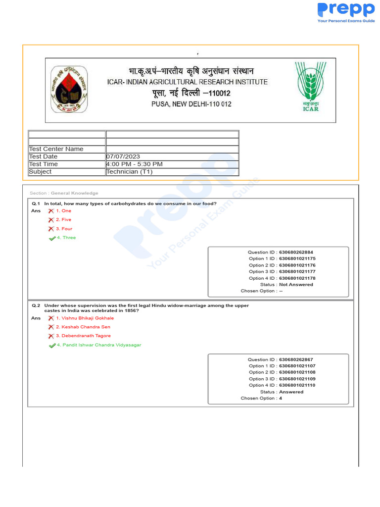 ICAR Technician Teir 1 July 7 2023 Shift 3 Question Paper 757a4 | PDF ...