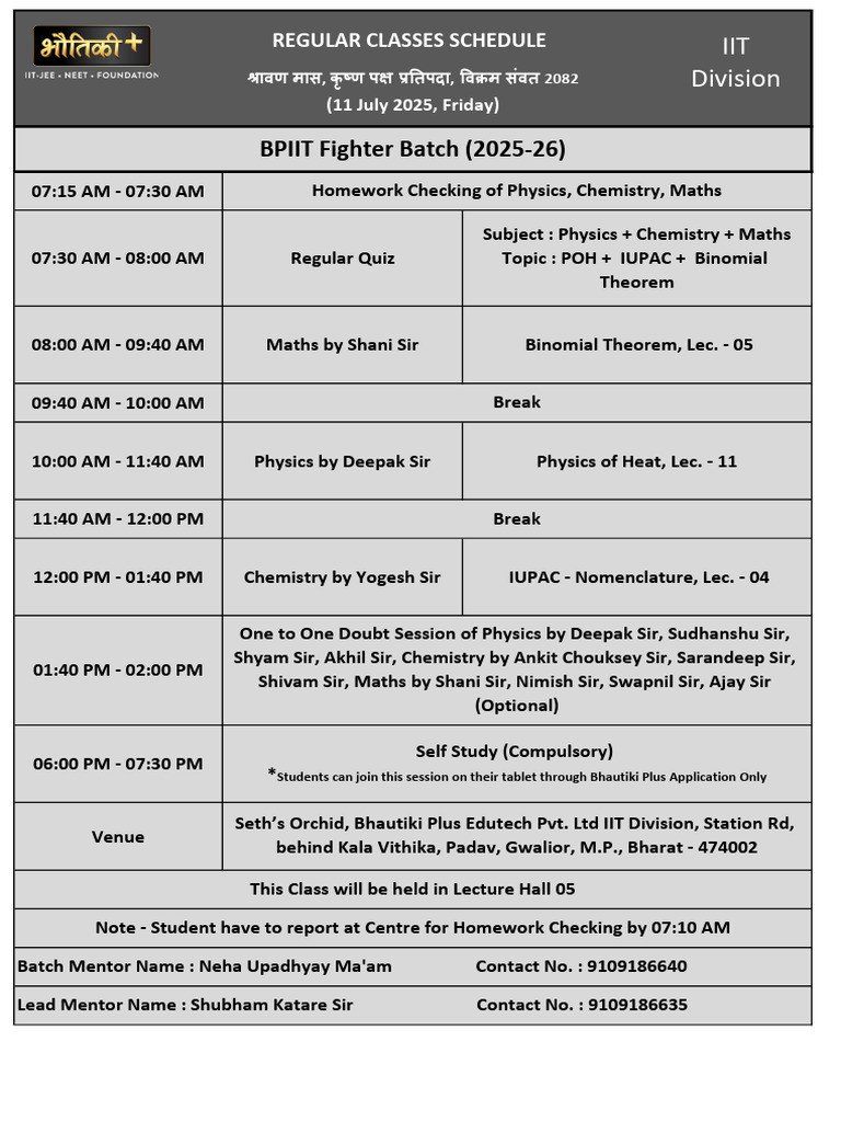Regular Classes Schedule BPIIT Fighter Batch (11!07!2025) | PDF