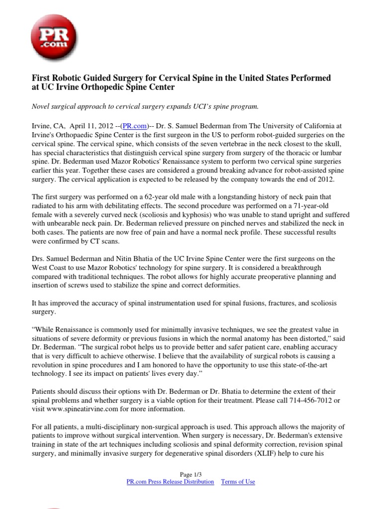 First Robotic Guided Surgery For Cervical Spine in The United States ...
