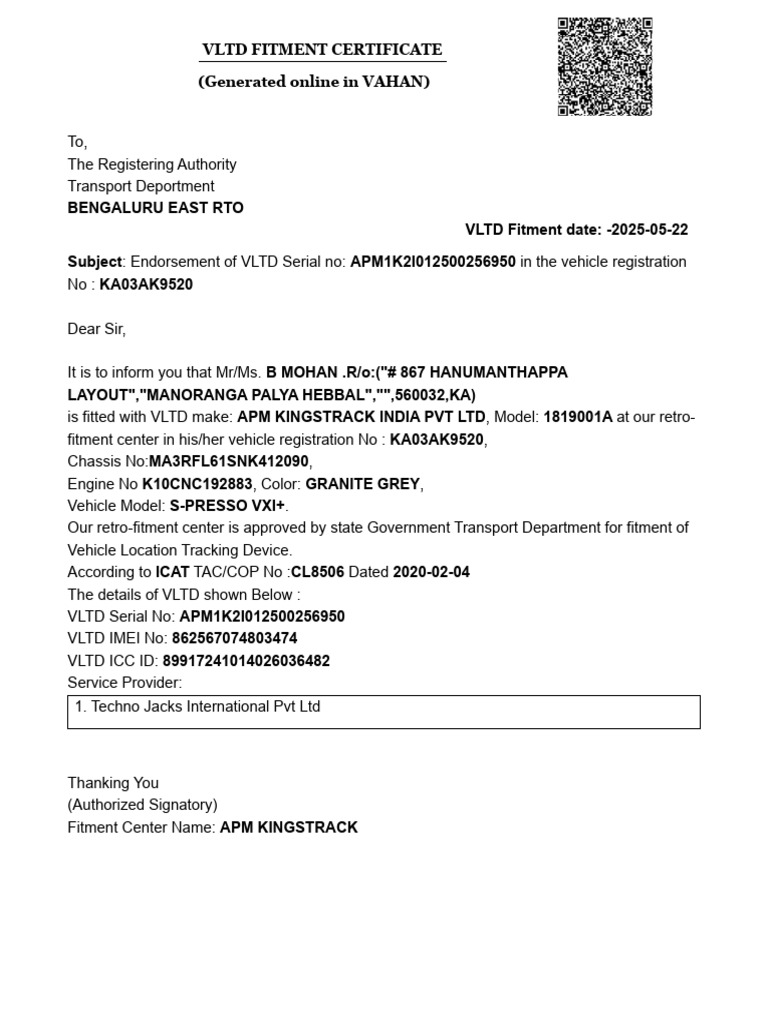 22.05.2025 - KA03AK9520 - VLTD Maker | PDF