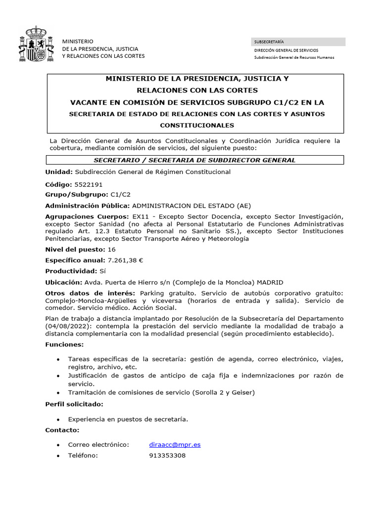 Secretario-Secretaria de Subdirector General | PDF