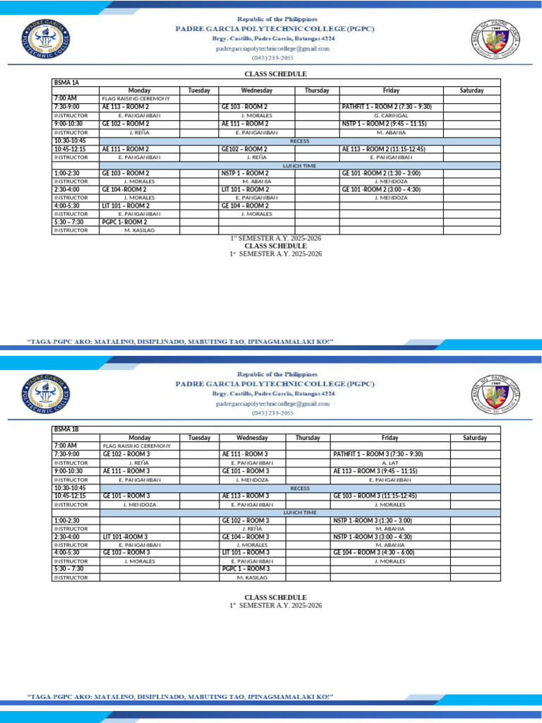 2025-2026 1st Semester Class Schedule | PDF