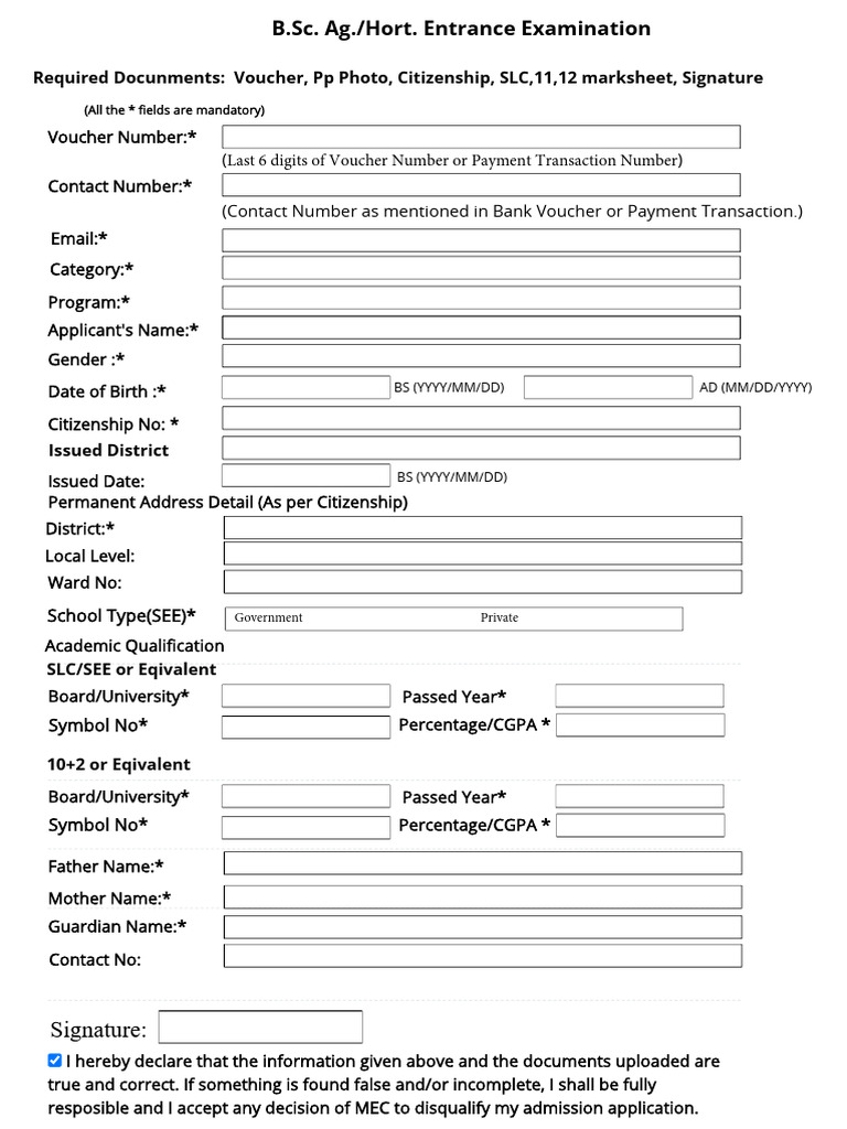 B.Sc. Ag/Hort Entrance Application Form | PDF