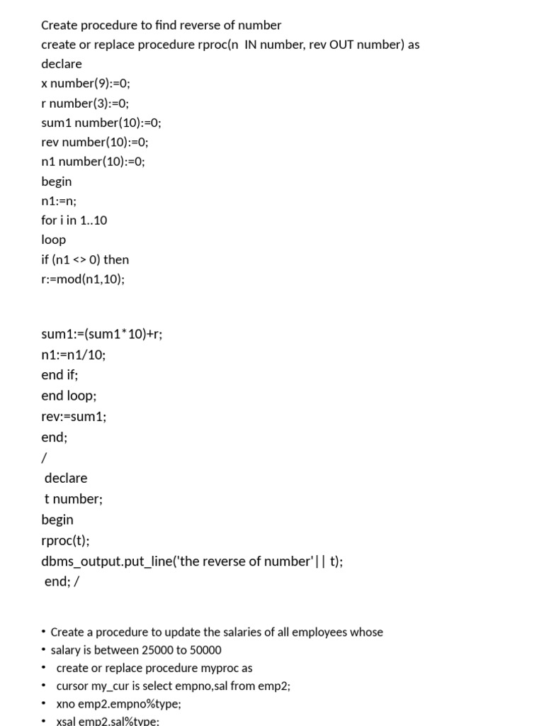 PL/SQL Procedures for Number and Salary Operations | PDF | Computer ...