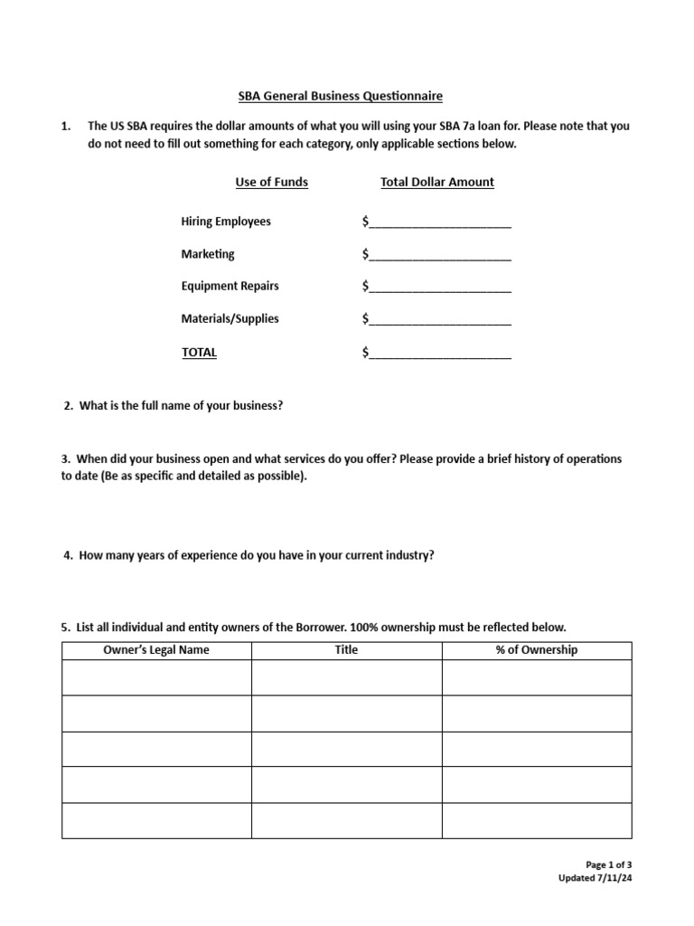 SBA 7a Loan Questionnaire Form | PDF | Small Business Administration