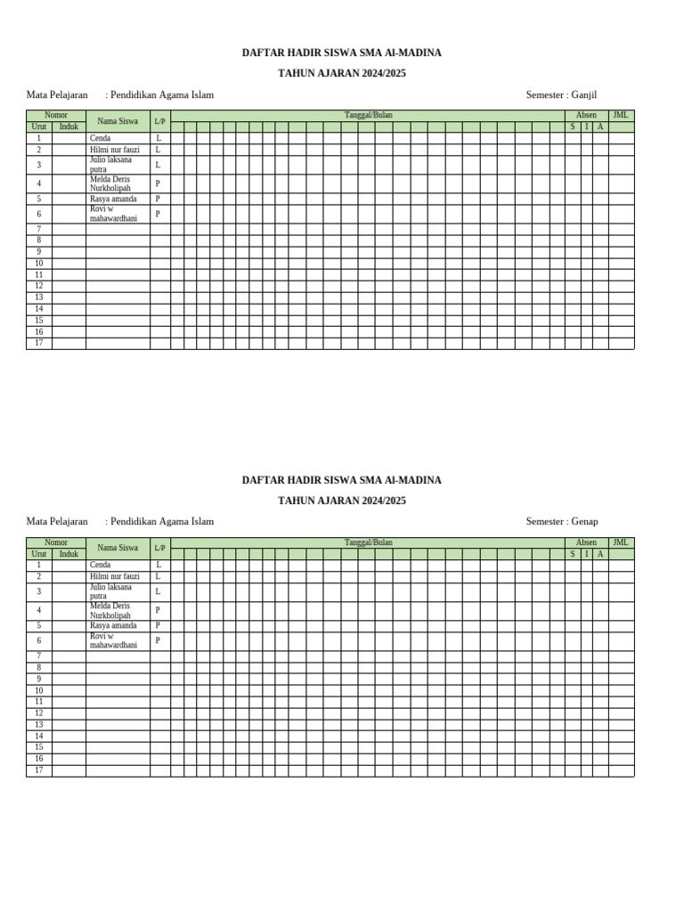 Daftar Hadir Pendidikan Agama Islam | PDF