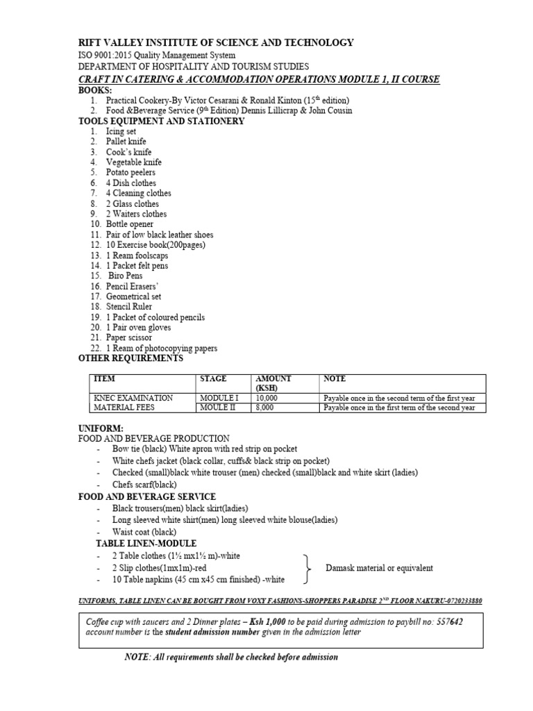 Requirements For Craft in Catering Accommodation Operations Course | PDF