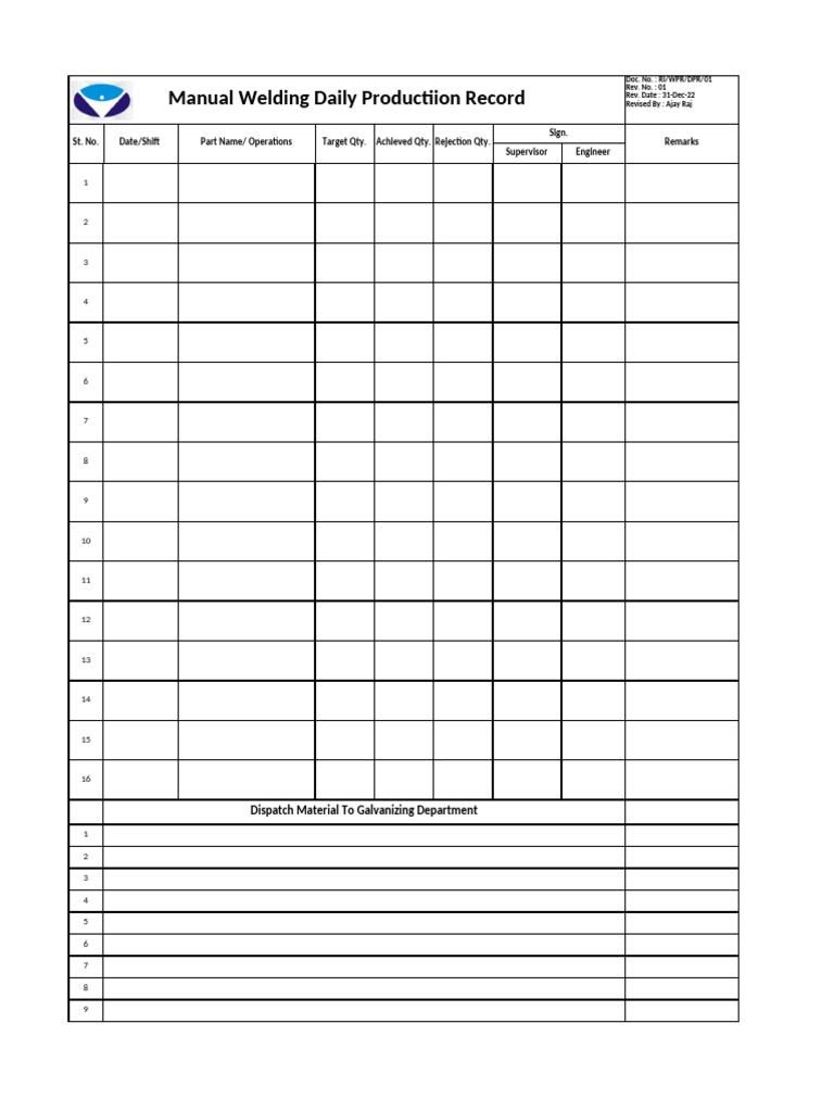 Manual Welding Production Record | PDF