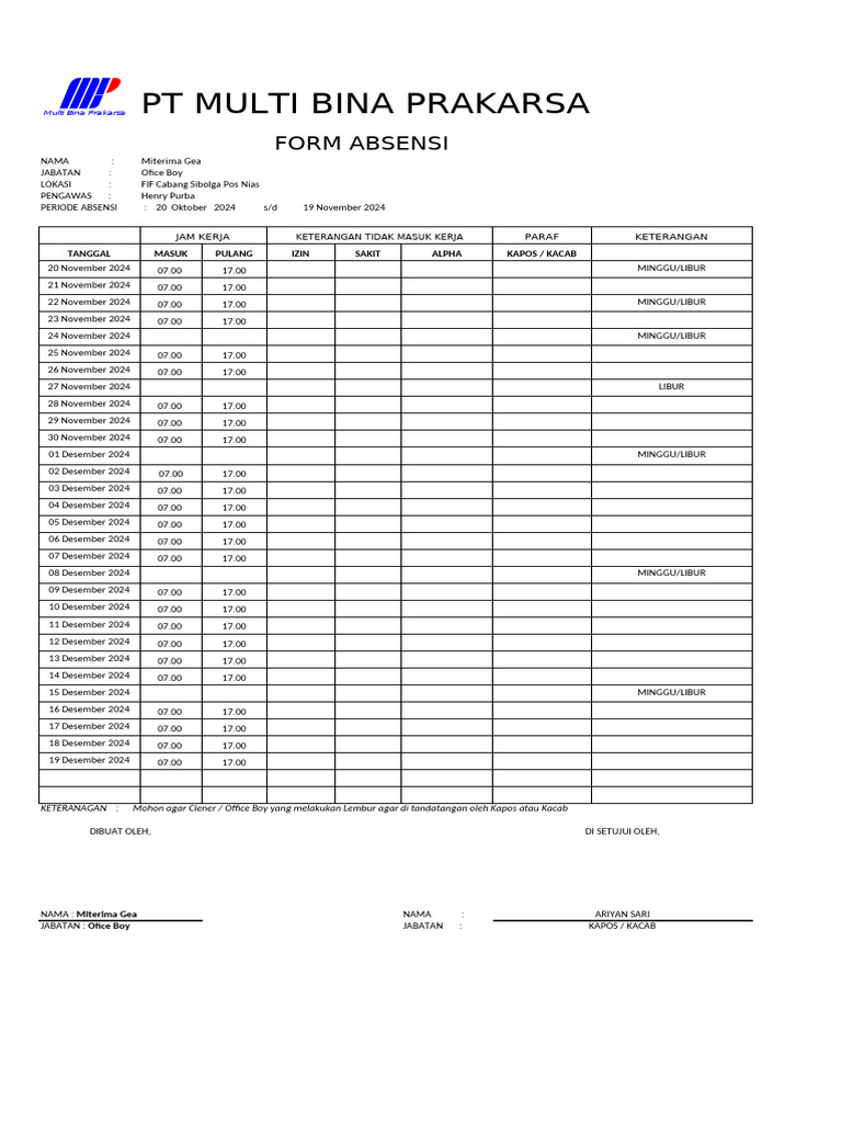 Form Absen Manual Karyawan Geaform | PDF