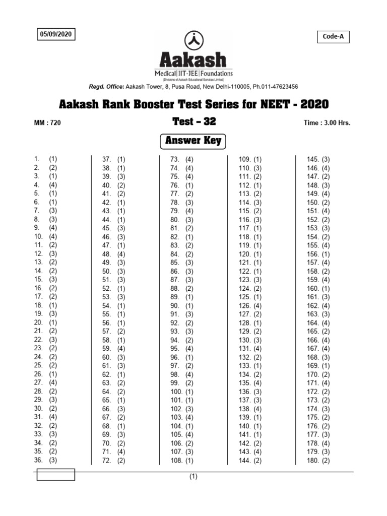 NEET 2020 Aakash Test Series Answer Key | PDF | Ploidy | Biology