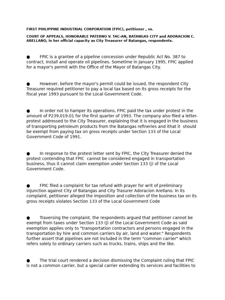 FPIC vs. Batangas City Tax Exemption Case | PDF | Common Carrier | Taxes