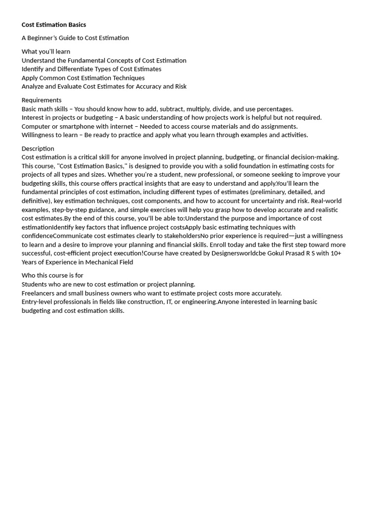 Cost Estimation Basics | PDF