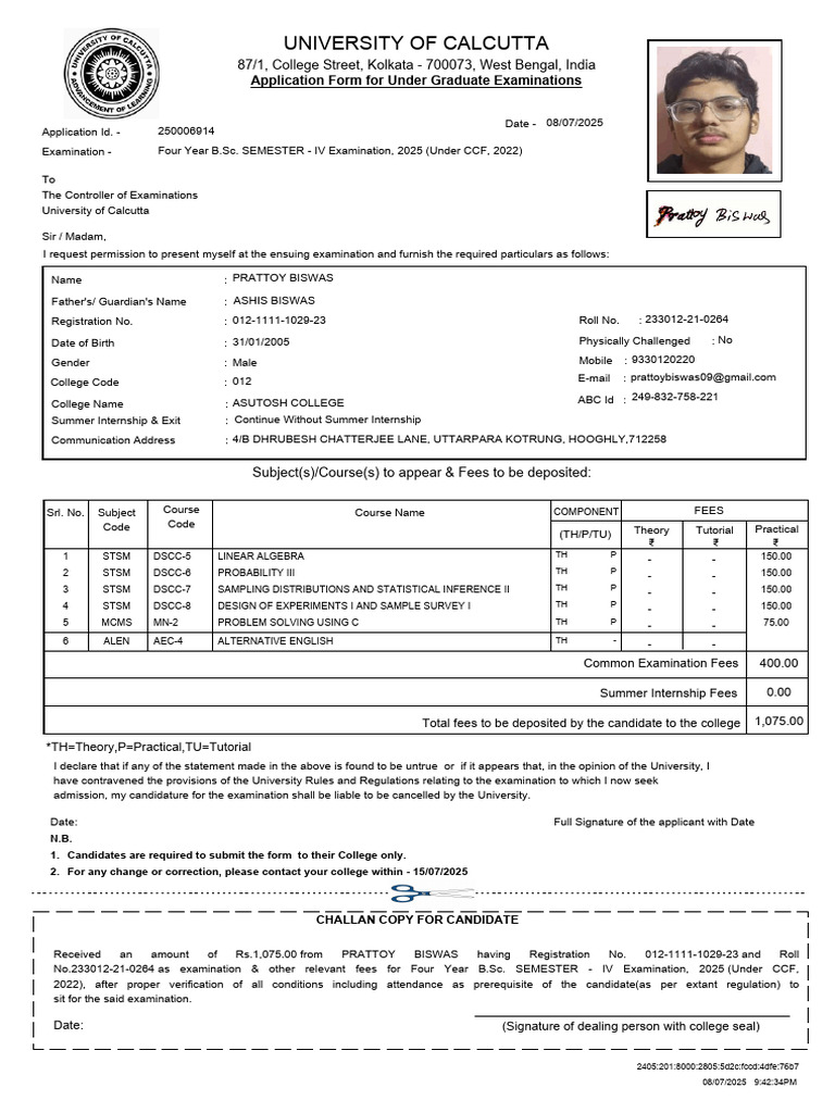Calcutta University UG Exam Application Form | PDF
