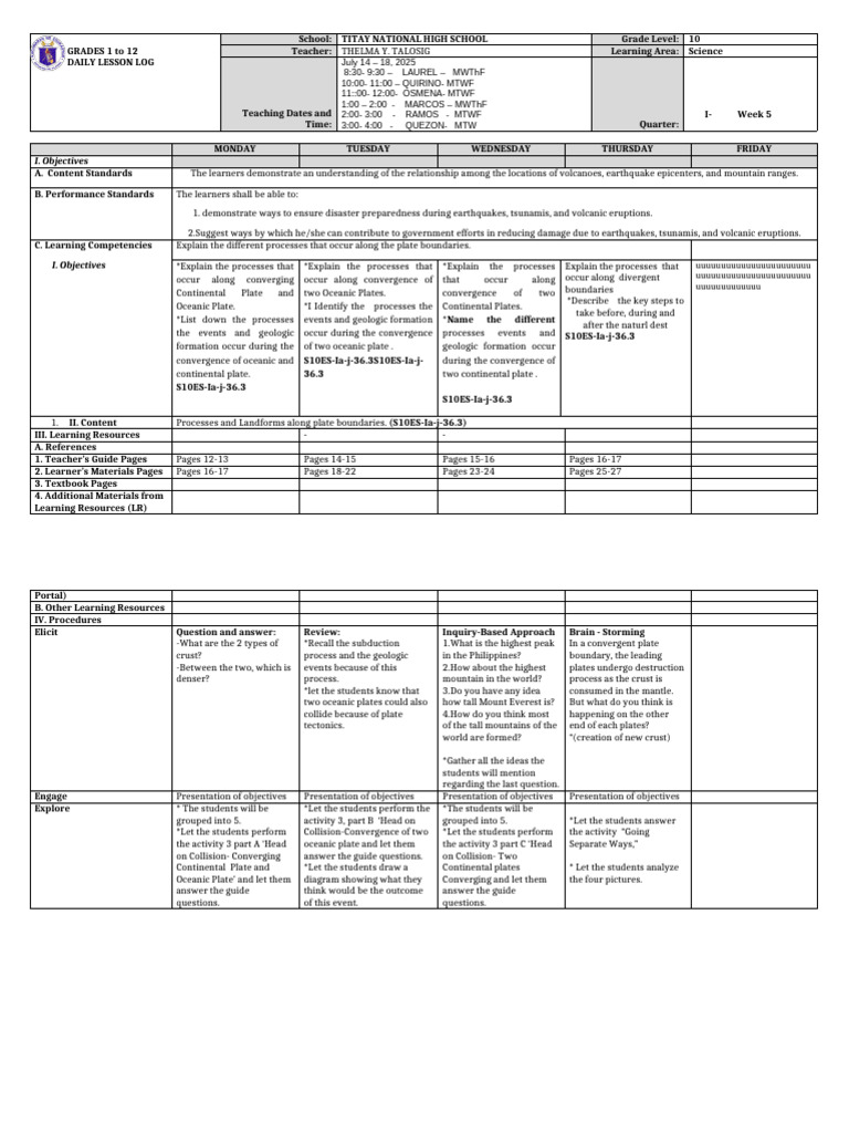 Grade 10 Science Daily Lesson Log | PDF | Plate Tectonics | Geophysics