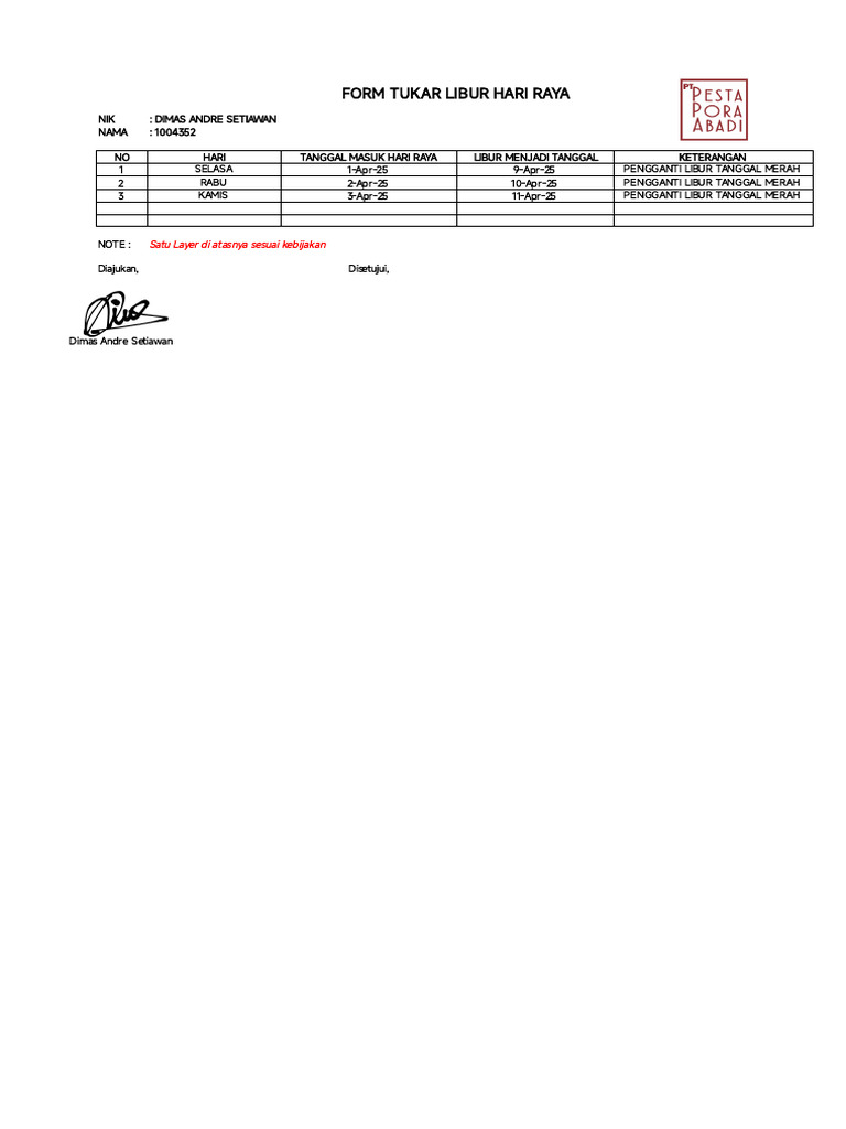 FORM - THL - HARI RAYA 2025 (Dimas Andre Setiawan) | PDF