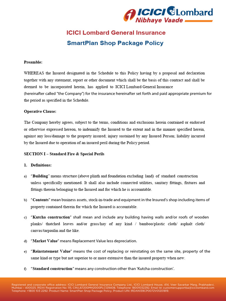 ICICI Lombard SmartPlan Shop Policy | PDF | Insurance | Depreciation