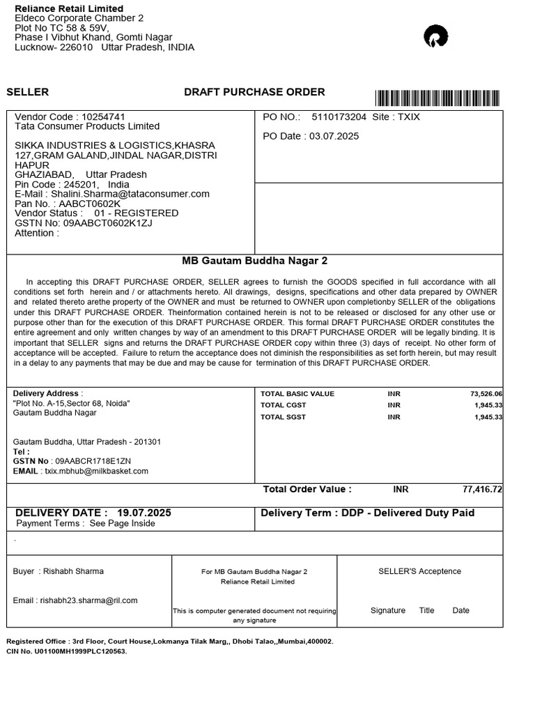 Draft Purchase Order for Tea Products | PDF | Indemnity | Breach Of ...