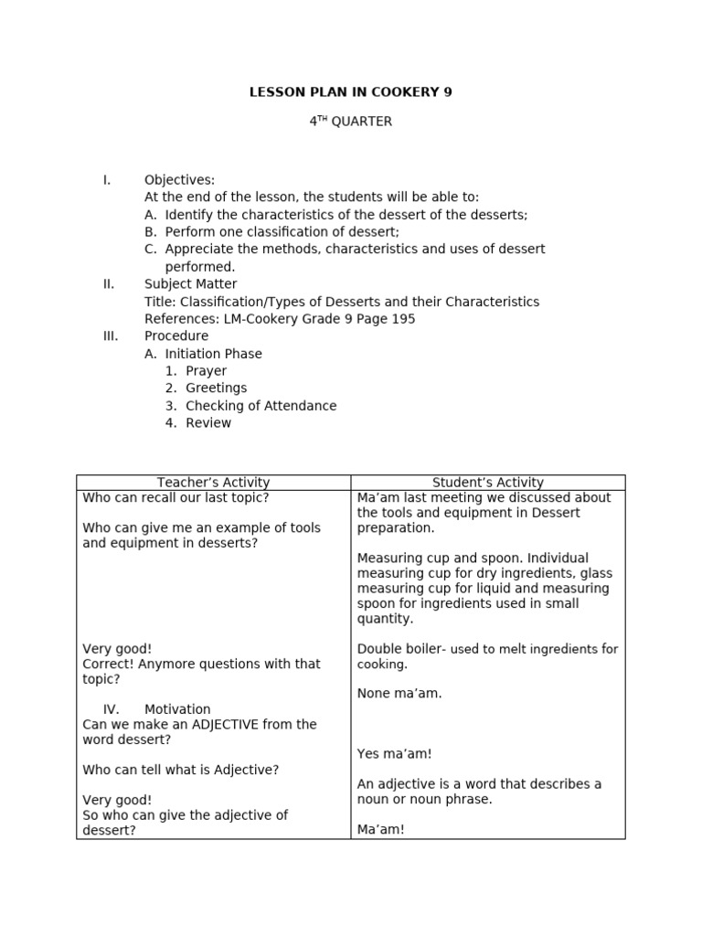 Dessert Classification Lesson Plan | PDF | Pudding | Gelatin