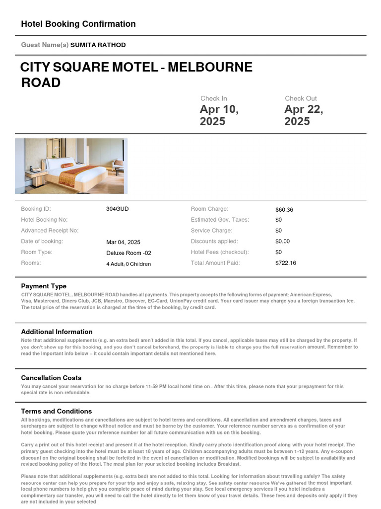 Hotel Booking Confirmation Details | PDF | Fee | Credit Card
