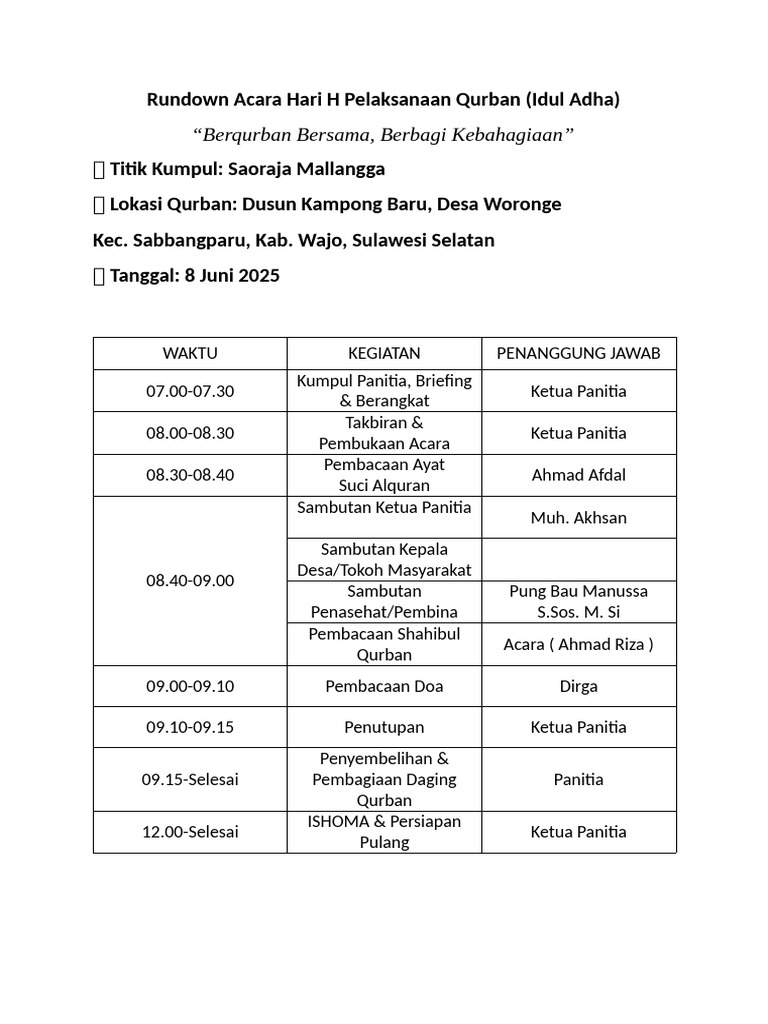 Rundown Acara Qurban Idul Adha 2025 | PDF