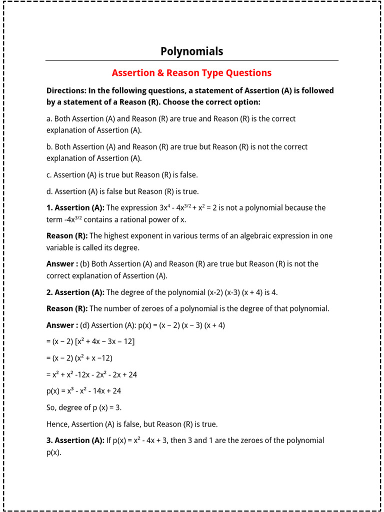 Assertion & Reason Questions on Polynomials | PDF | Algebra | Numerical ...