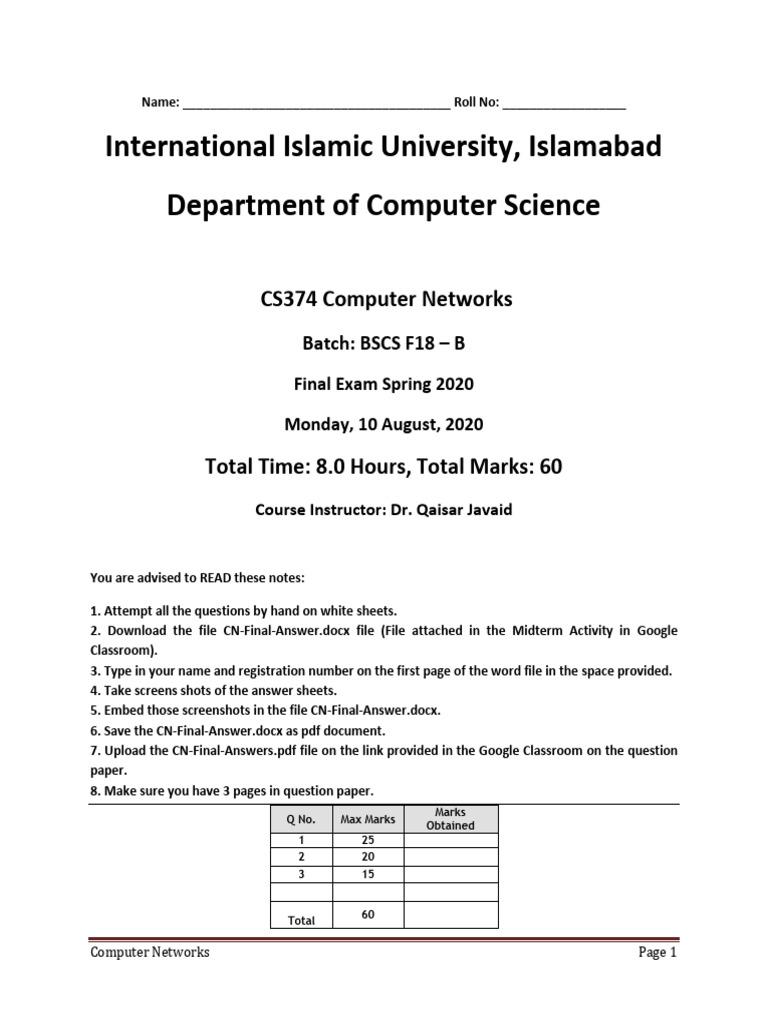 CN Final Spring 2020-1 | PDF | Computer Network | Router (Computing)