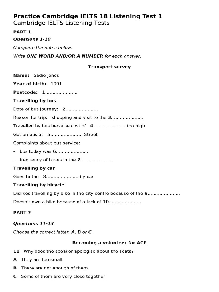 Cambridge IELTS 18 Listening Test 1 | PDF | Bus